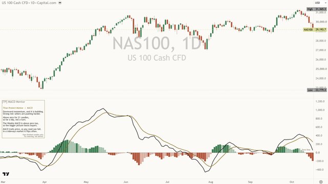 [TP] MACD - Mentor on a light NAS100 daily chart: the MACD pane with four-shade columns, the MACD line, the gold average line, the labelled zero line and the Mentor panel at the top left
