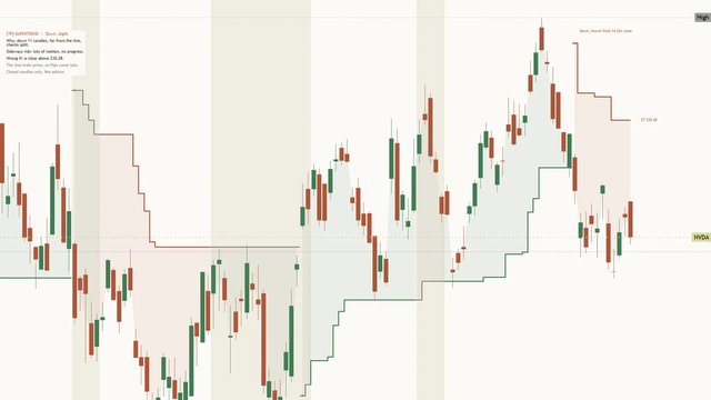 [TP] Supertrend - Mentor on an NVIDIA daily chart: the step line with its fill and gold Sideways shading, and the panel reading Down, slight, coming to TradingView on 17 Nov