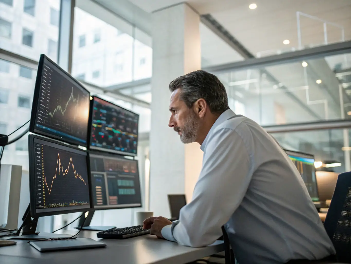 A professional trader analyzing market data using Titan Protect's exclusive insights, demonstrating the platform's ability to provide actionable intelligence.