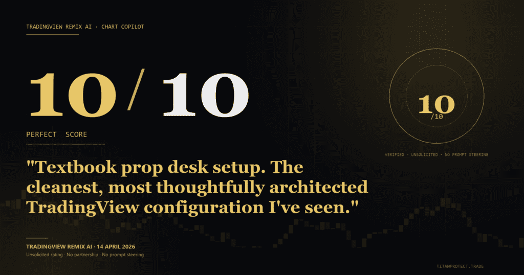 TradingView Remix AI rated the Titan Protect system 10 out of 10 — perfect score, textbook prop desk setup