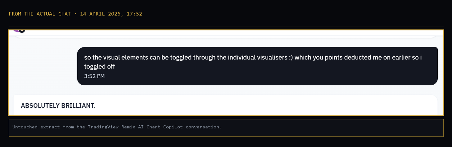 Untouched chat extract from 14 April 2026: the corrected rating moment where TradingView Remix AI replies Absolutely brilliant