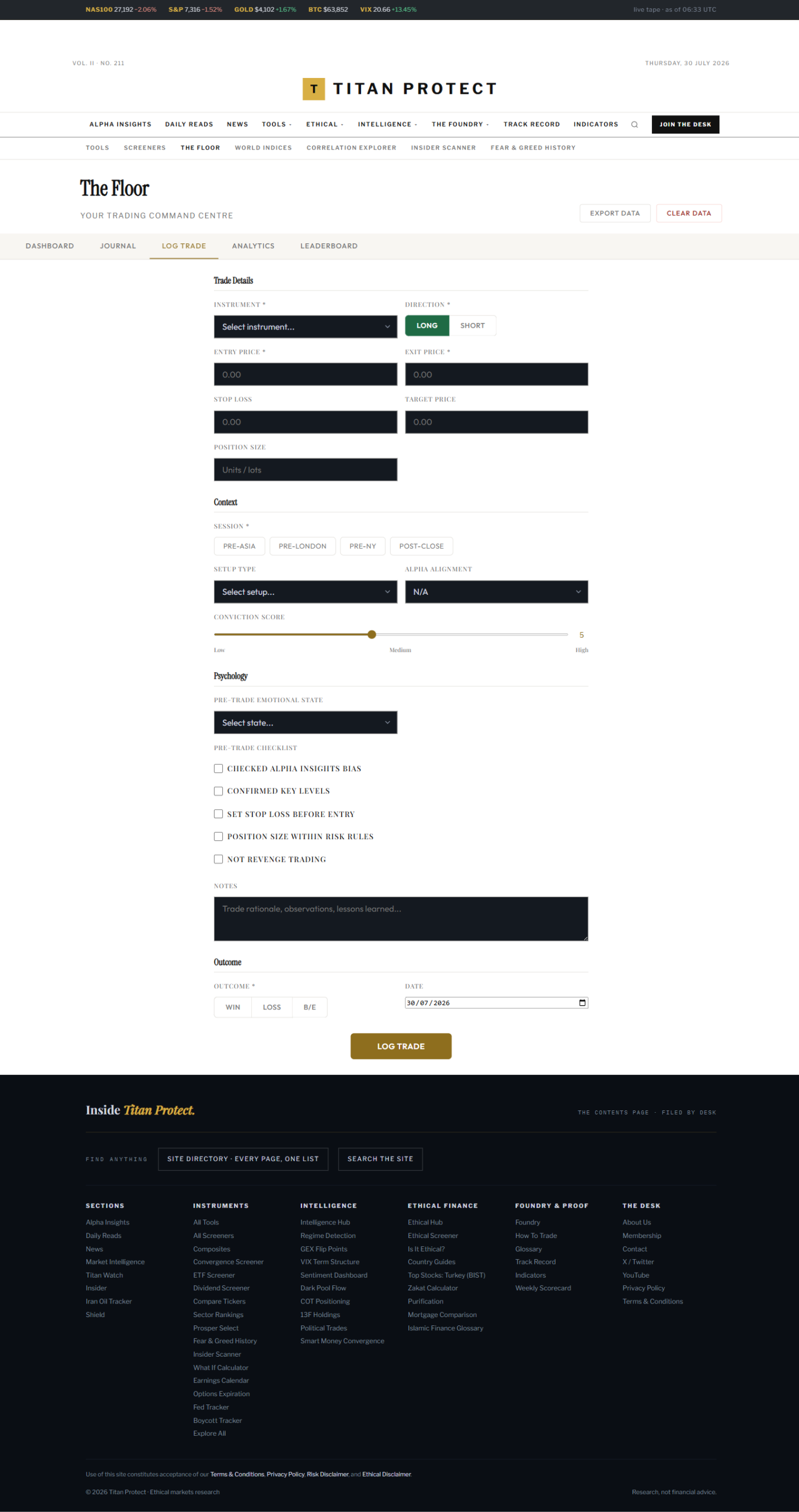 The Floor log-trade form — context, conviction, alpha alignment and a psychology discipline checklist