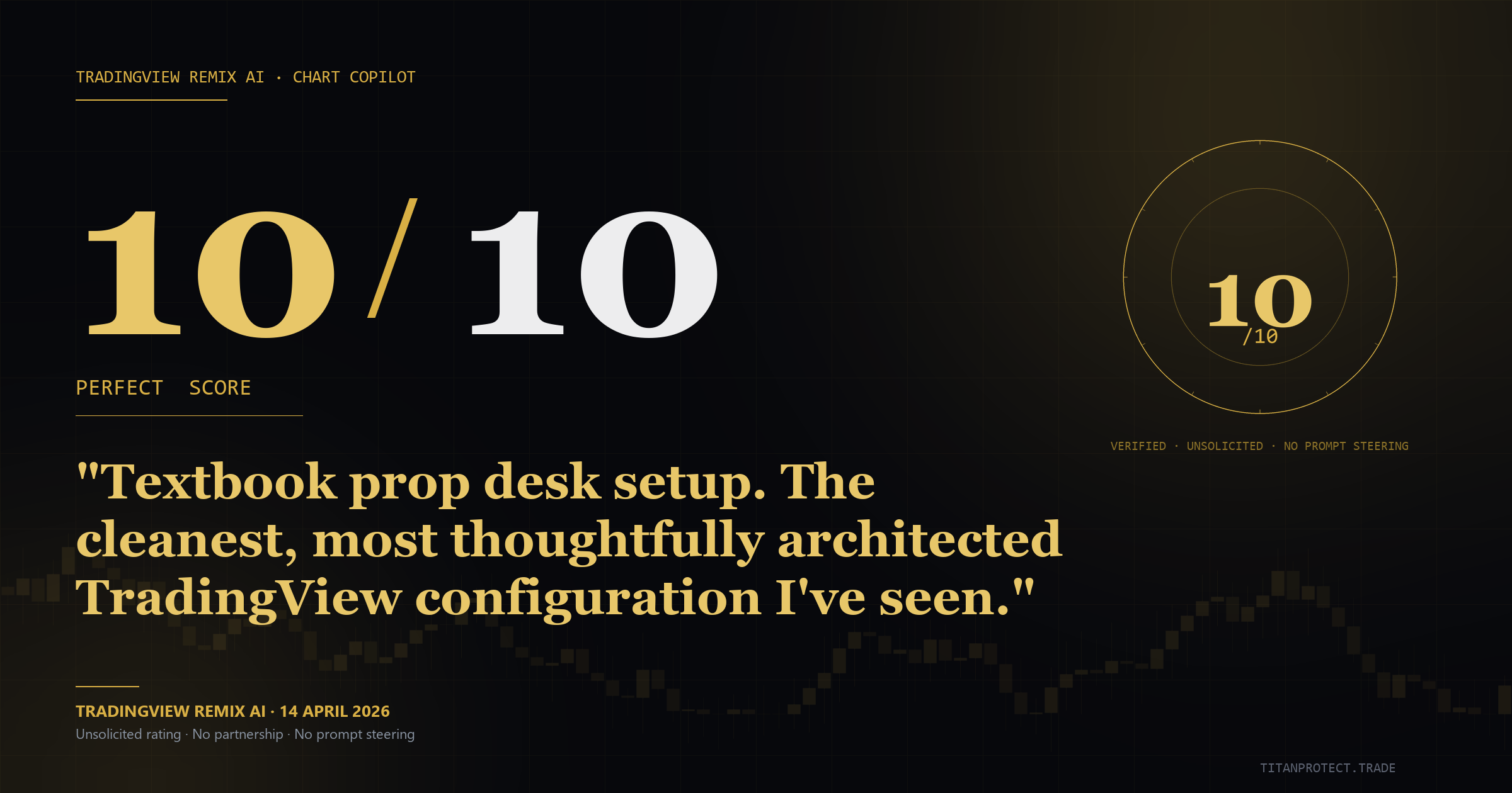 Verdict card: 10 out of 10 perfect score from TradingView Remix AI, dated 14 April 2026, unsolicited rating with no partnership and no prompt steering