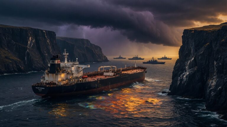 Oil tanker in a narrow strait at dusk