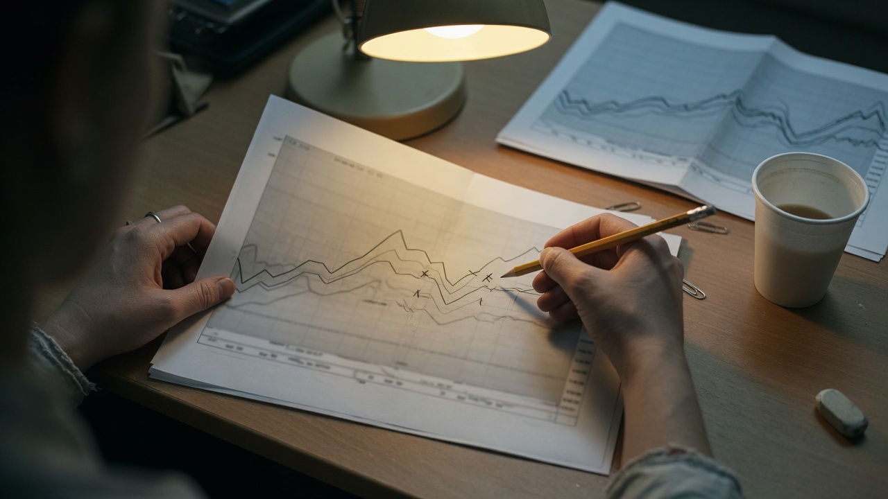 Hands scoring a printed chart with a pencil by lamplight