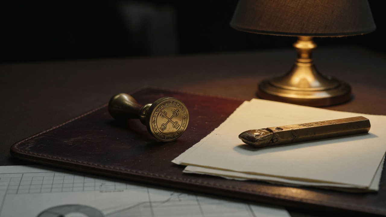 A brass hand seal and gold sealing wax under one desk lamp