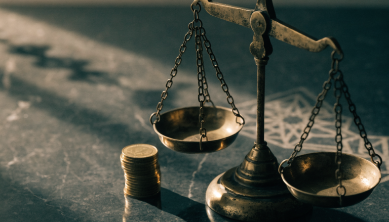 Brass scale and gold coins representing zakat calculation on investments