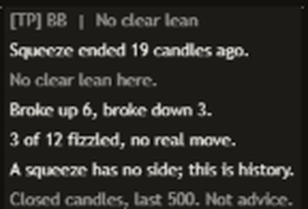 Close-up of the Compact Mentor panel on a dark NAS100 daily chart: [TP] BB, No clear lean. Squeeze ended 19 candles ago. No clear lean here. Broke up 6, broke down 3. 3 of 12 fizzled, no real move. A squeeze has no side; this is history. Closed candles, last 500. Not advice.
