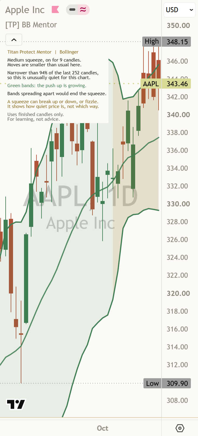 An AAPL daily chart at phone width: the Mentor panel in a corner on the left, the newest candles on the right clear, and every panel line readable.