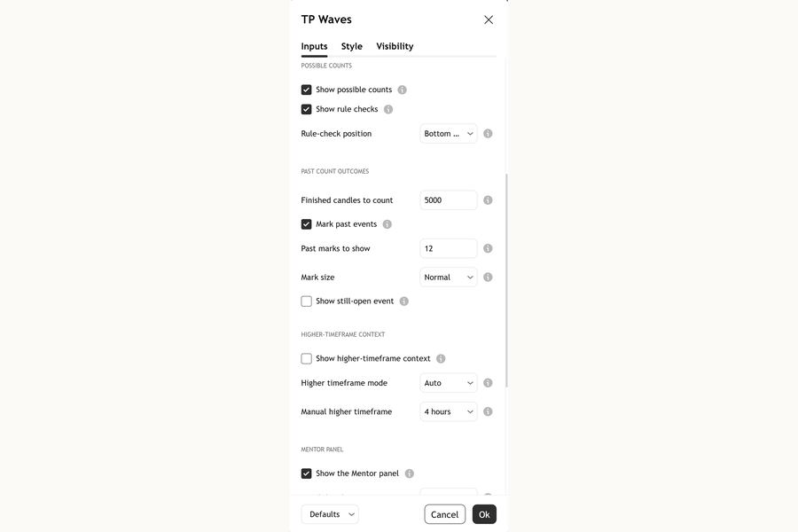 Settings, part 2: the Possible counts and Past count outcomes groups: Show possible counts, Show rule checks, Rule-check position, Finished candles to count, Mark past events, Past marks to show, Mark size and Show still-open event.