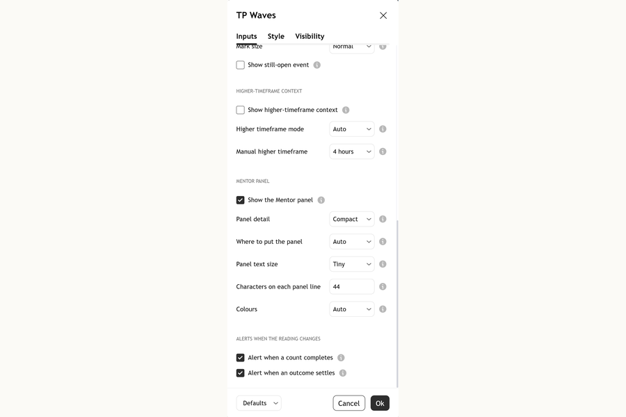 Settings, part 3: the Higher-timeframe context group (Show higher-timeframe context, Higher timeframe mode, Manual higher timeframe) and the Mentor panel group: Show the Mentor panel, Panel detail, Where to put the panel, Panel text size, Characters on each panel line and Colours.