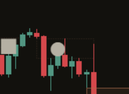 Close-up of a held mark on a dark chart: a small filled grey circle by the candle where price first came back into a gap, with later candles closing away from the gap.