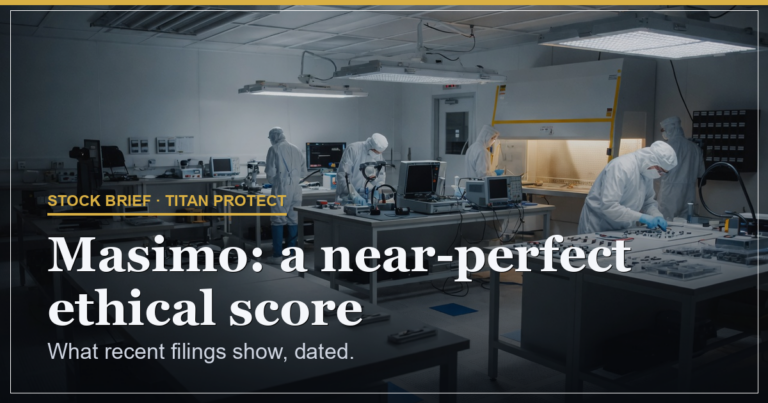 Specialists calibrating medical sensors in clean laboratory, hero image for the Masimo: a near-perfect ethical score on Titan Protect