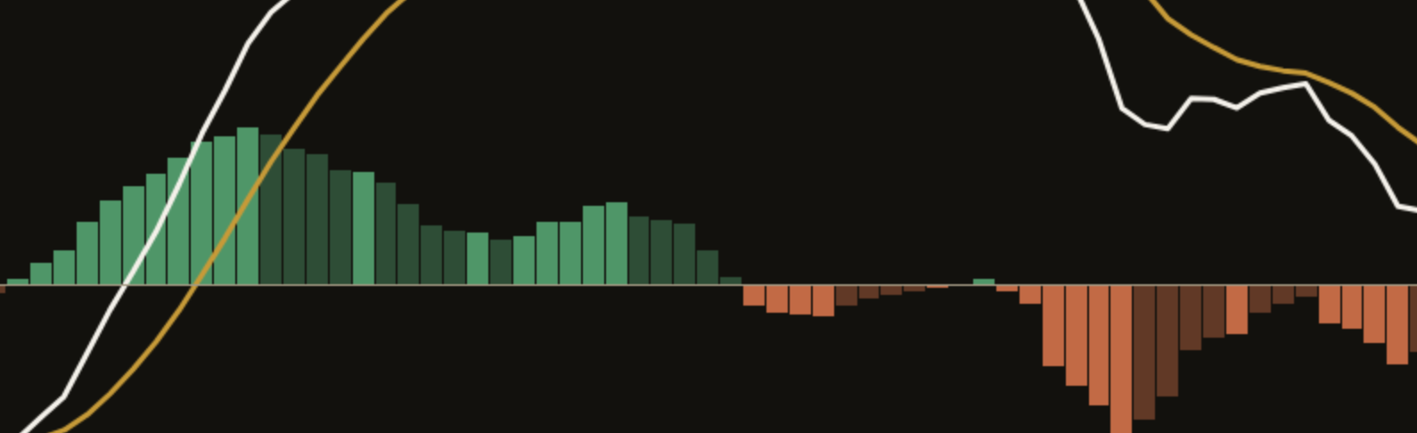Close-up of the MACD columns on a dark NAS100 daily chart: strong and faded green columns above their zero, strong and faded red columns below it.