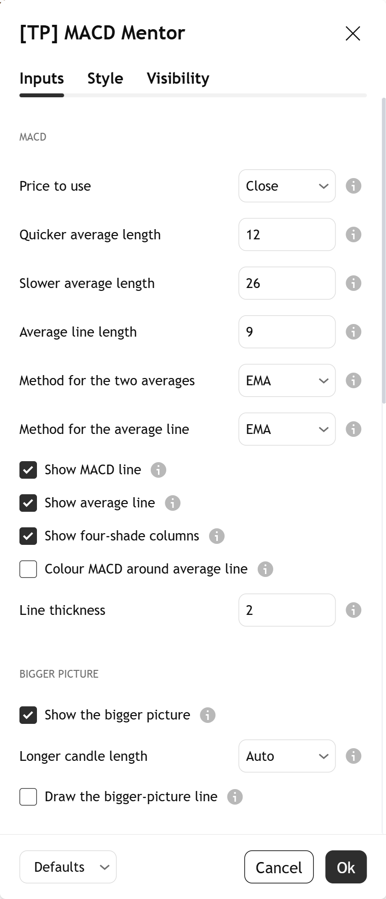 Settings, part 1: the MACD group: Price to use, Quicker average length, Slower average length, Average line length, the two methods, the three show switches, Colour MACD around average line and Line thickness.