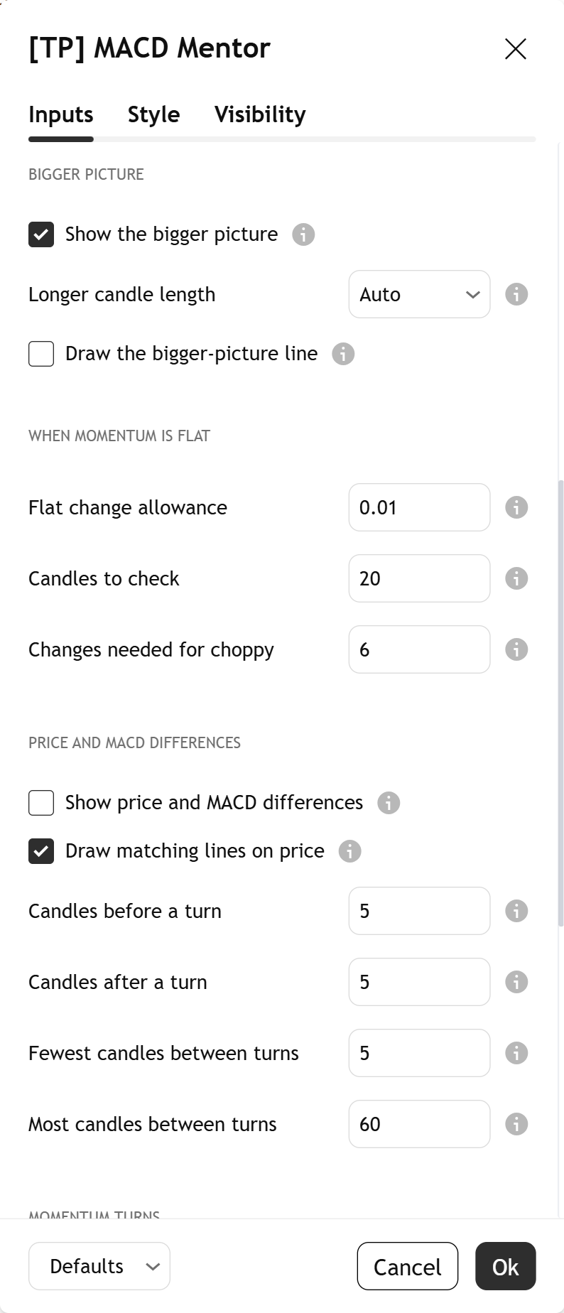 Settings, part 2: the Bigger picture, When momentum is flat, Price and MACD differences and Momentum turns groups.