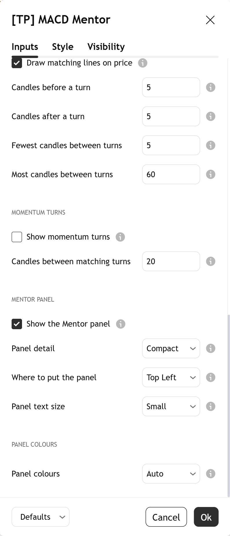 Settings, part 3: the Mentor panel group (Show the Mentor panel, Panel detail, Where to put the panel, Panel text size) and the Panel colours group.