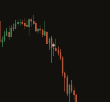 Close-up of a held mark on a dark chart: a small filled circle at the close of the candle where the regime changed, with the trend that followed.