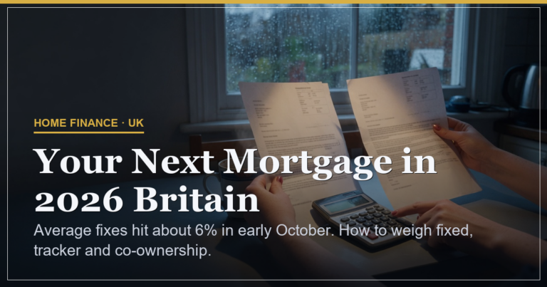 Hands at a kitchen table comparing two printed mortgage offer letters beside a calculator, rain on the window behind