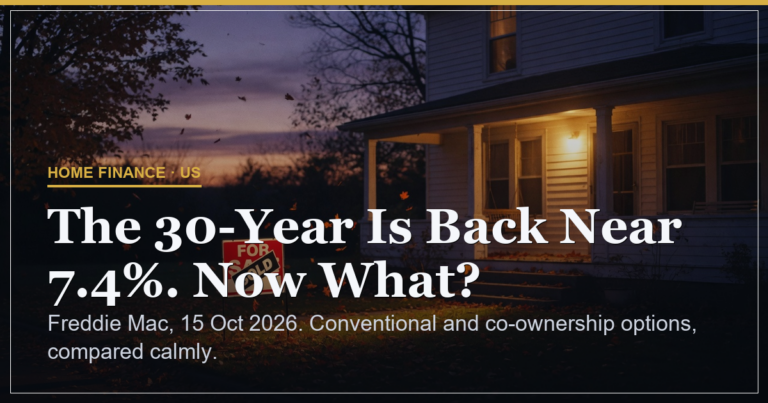 An American suburban house with a lit porch at dusk and a for sale sign with a sold rider on the lawn