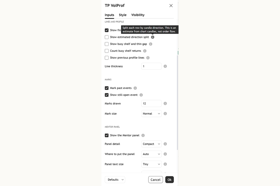 Volume profile mentor settings tooltip