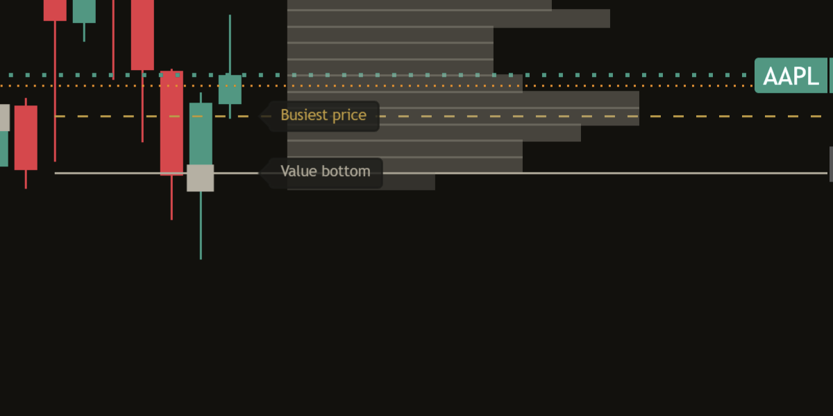 Close-up of the value bottom line on a dark chart: a thin solid line below the busiest price, named Value bottom at the right edge.